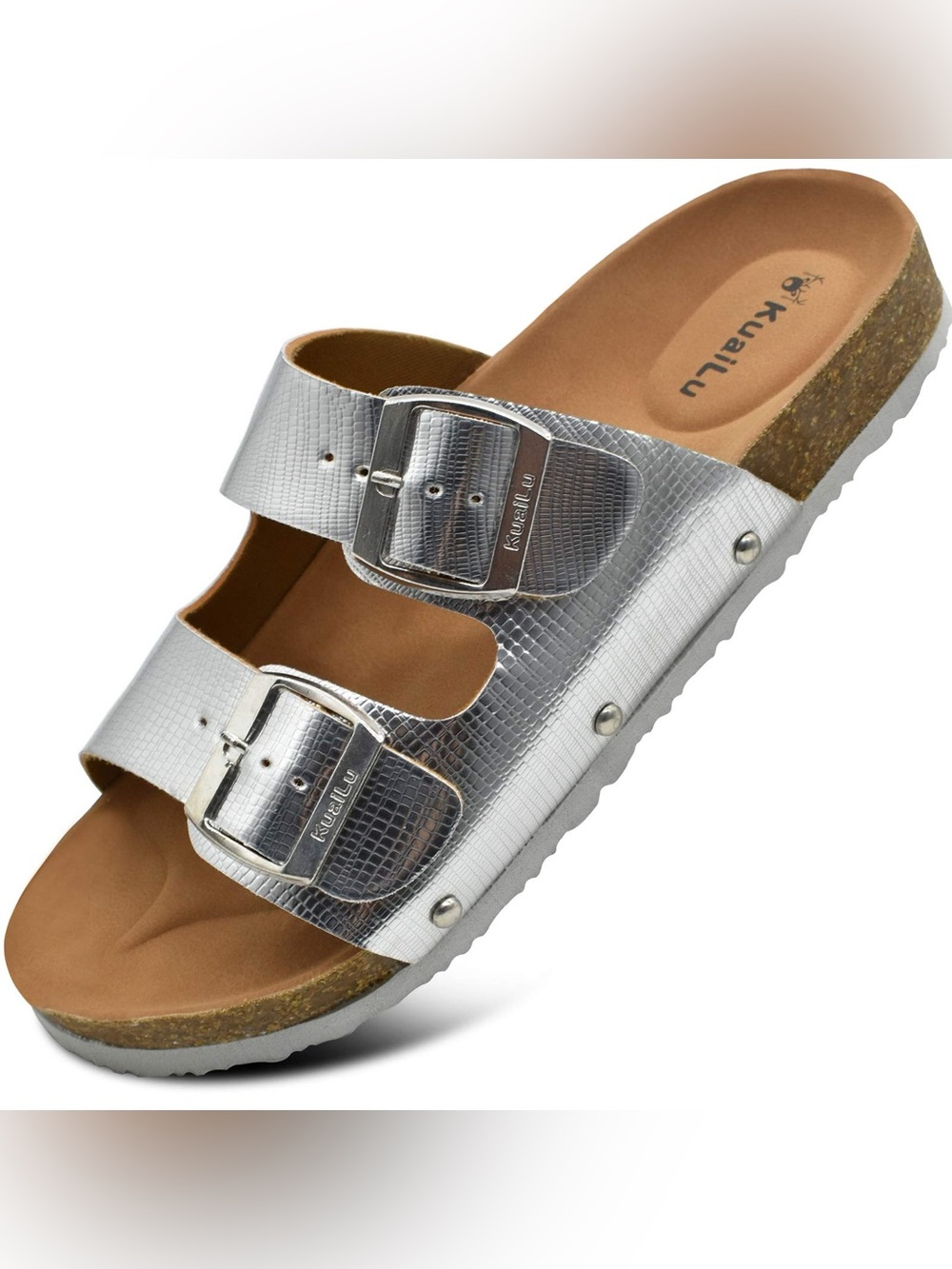 Klarfu Women's Metallic Silver Double-Buckle Cork Slide Sandal size 9